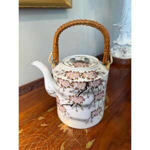 Vintage Cherry Blossom Teapot with Rattan Handle • Porcelain Floral Tea Pot